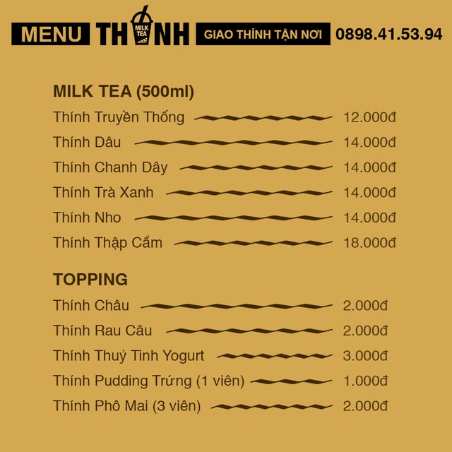 menu quán trà sữa Thính